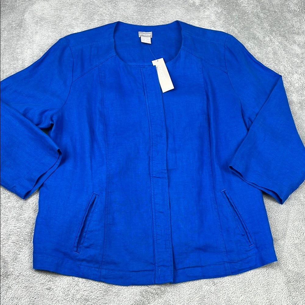 NEW Chico's 2/ L 12 US 100% Linen Casual‎ Modern Linen Jacket Blazer Cobalt Blue